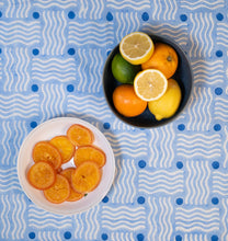 Load image into Gallery viewer, Block Print Tablecloth in Blue Squiggle