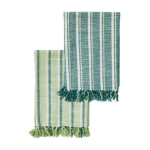 Load image into Gallery viewer, Image showing the contrast between the set of organic cotton kitchen towels. One is a thick green stripe with contrasting dark aqua and white stripes, the other is a thick dark aqua stripe with contrasting light green and white stripes. Towels are folded. 