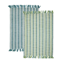 Load image into Gallery viewer, Image showing the contrast between the set of organic cotton kitchen towels. One is a thick green stripe with contrasting dark aqua and white stripes, the other is a thick dark aqua stripe with contrasting light green and white stripes. 