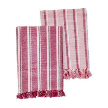 Load image into Gallery viewer, Striped burgundy and pink towels. Two colorways: thick burgundy with alternating thin white / pink stripes and thick pink stripes with alternating burgundy and white stripes. 