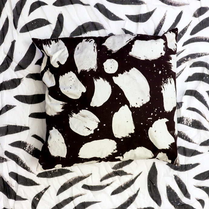 black and white pillow, artist pillow series, printed cotton pillow, black and white paint stroke pillow