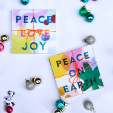 Load image into Gallery viewer, Artist print Holiday card set, colorful artist holiday card set, Peace on earth Holiday Card set, Peace love joy holiday card set, folded holiday card set